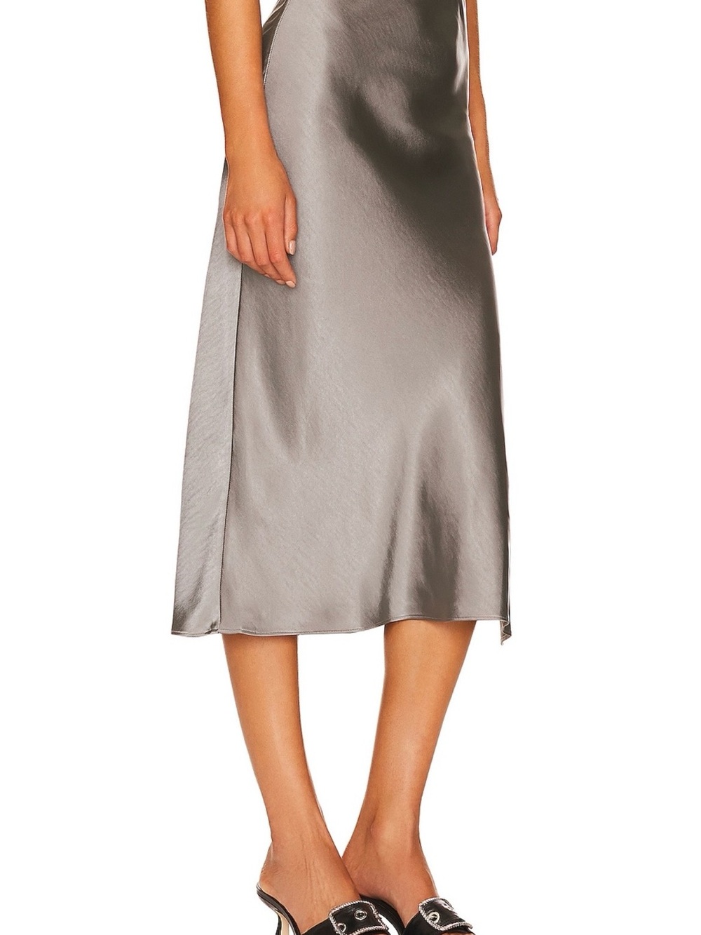L'Academie Metallic Gray Satin Slip Midi Skirt - Picture 2 of 7